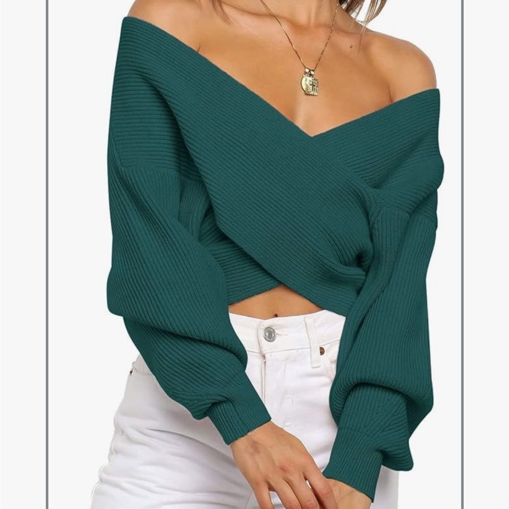 ZCSIA | NEW Teal V-Neck Off the Shoulder Cropped Sweater Women’s Size Medium